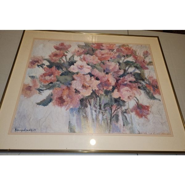 Bouquet of Flowers Print 28 X 23, Framed Under Glass, Signature Illegible