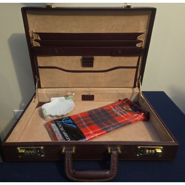Leather Breifcase, Wool Scarf Made in Scotland & Lovely NAO By LLADRO Seashell Candy Dish 