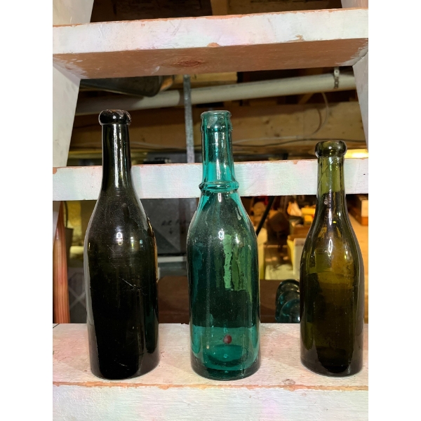 3 Rare antique, hand-blown teal glass bottle , antique green glass bottle, likely from the late 19th