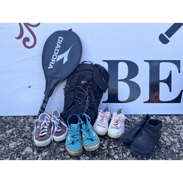 Lot: Shoes, Tennis Racket, Cap, Backpack