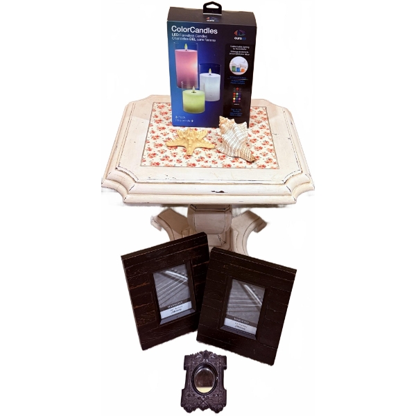 Home Decor Lot with Accent Table, LED Candles, Frames and Shells