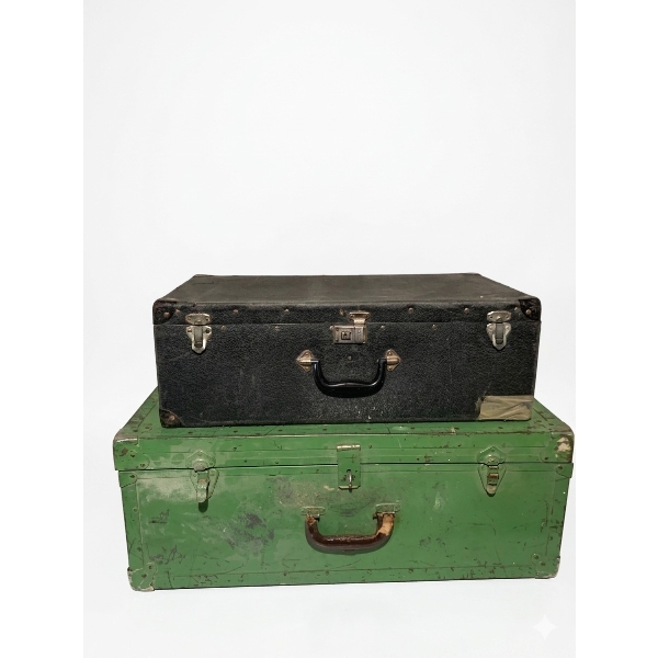 Two Vintage Storage Cases: Black Leatherette and Green Metal