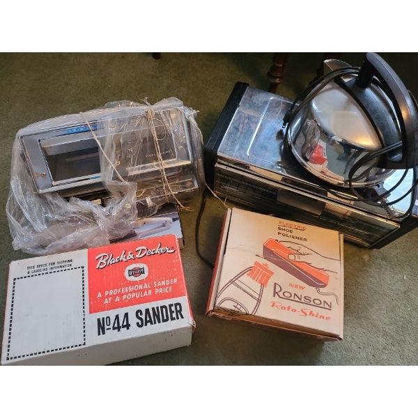 Vintage Small Appliances Including Kettle, Toaster Oven, Sander and Shoe Polisher