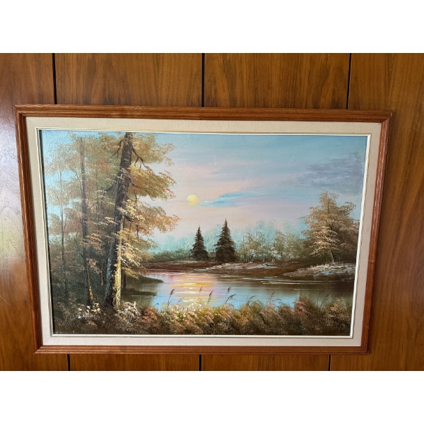 Oil on Board Lakeside Painting By O. Lyon - 41W, 29T 