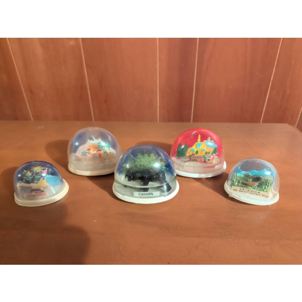 Five Souvenir Snow Globes Featuring Various Locations