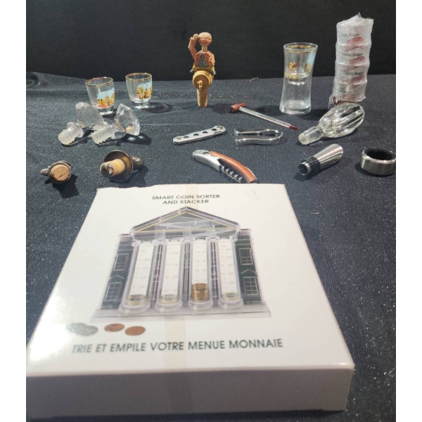 Barware Lot: Shot Glasses, Stoppers, Corkscrew, Coin Sorter