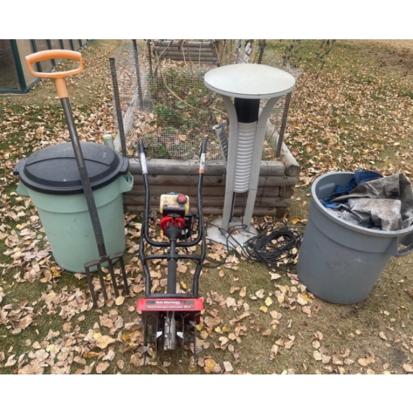 Troy-Bilt Garden Tiller, Garden Fork, Garbage Cans, & Bug Light/Zapper