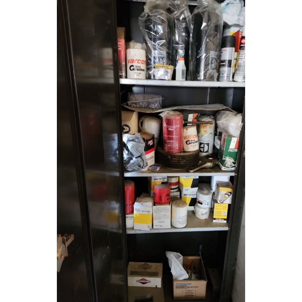 Metal Garage Cabinet 28 W, 12 D, 82 T w/ Contents Including: Oil Filters, Oil Filer Wrench and More!