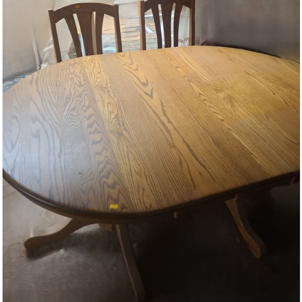 Wooden Two Pedestal Dining Table 60 W, 42 D, 29 T, 4 Upholstered Chairs 19 W, 19 D, 37 T, 2X Leaf