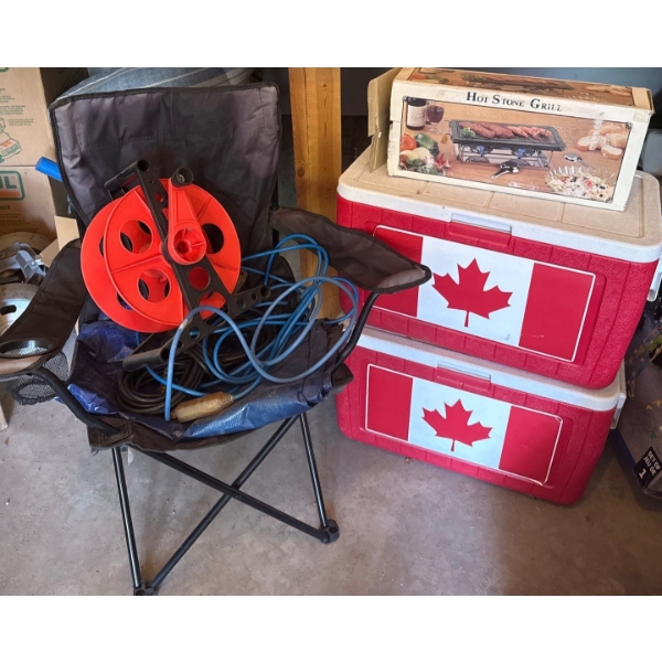 Camping Essentials - 2 Coleman Coolers Folding Camp Chair Hot Stone Grill & More