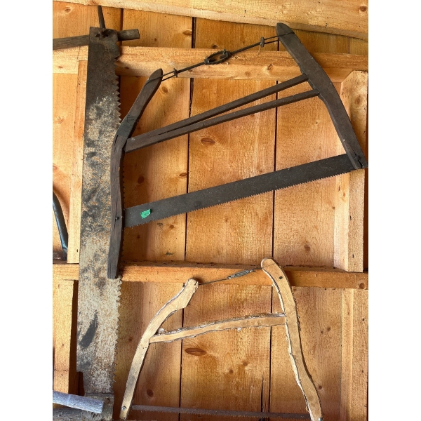 Selection Of Saws 1 Double Headed Saw L46" 2 Buck SawsLight Wood L24" Dark Wood L32"