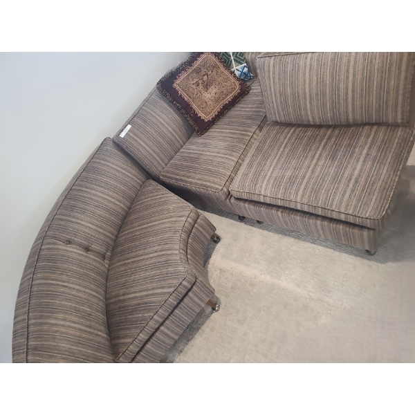 3 Piece Reto Sectional w Striped Upholstery Fabric and Wooden Legs.  Curved 50 w 31 d 28 h