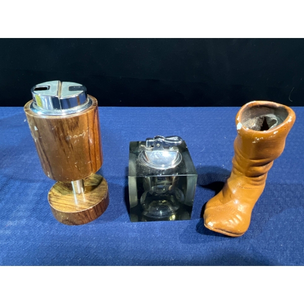 Wood and Glass Lighters and a Ceramic Boot Case