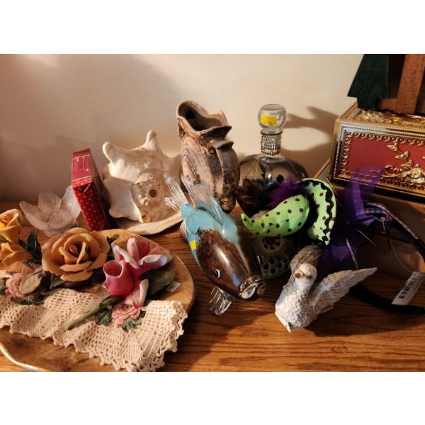 Glass Fish 10 W, 6 T, Brown Vase 8 T, Capodimonte Roses, Pine Cone Lights and More!