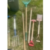 Image 6 : Assorted Yard Utensils-Ryobi Trimmer w/ battery, Shovels, Forks, Rakes, Edger, Trash Cans & More