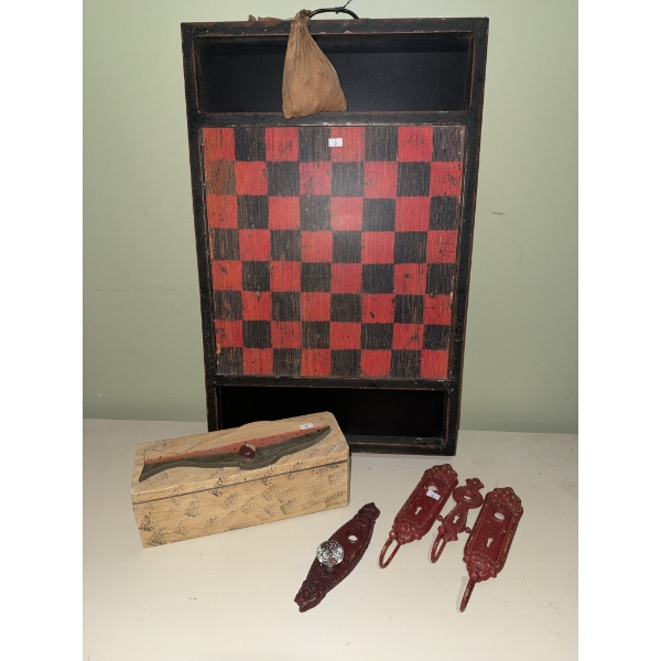 Wooden Checkerboard, Painted Box, and Red Metal Hardware