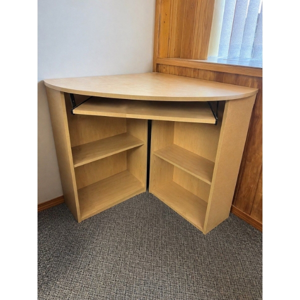 Counter computer desk, roll out keyboard shelf with shelf space on the inside. 