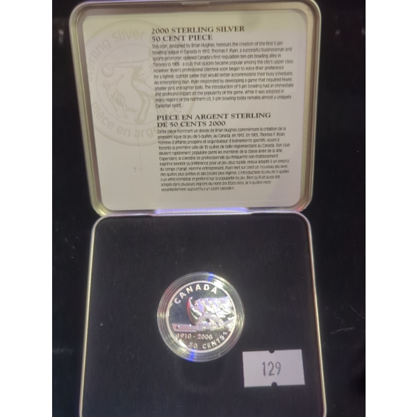 RCM 2000 The First 5 Pin Bowling League in Canada 1910 Sterling Silver 9.25 Fifty Cent 9.3g