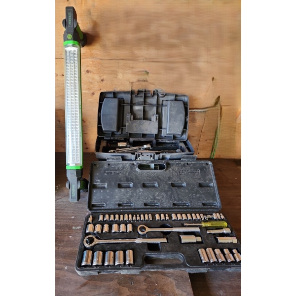 Alltrade Socket Set Model 426-T-52, Toolbox 15 W, 7 D, 8 T w/ Contents and Prime-Lite Shop Light