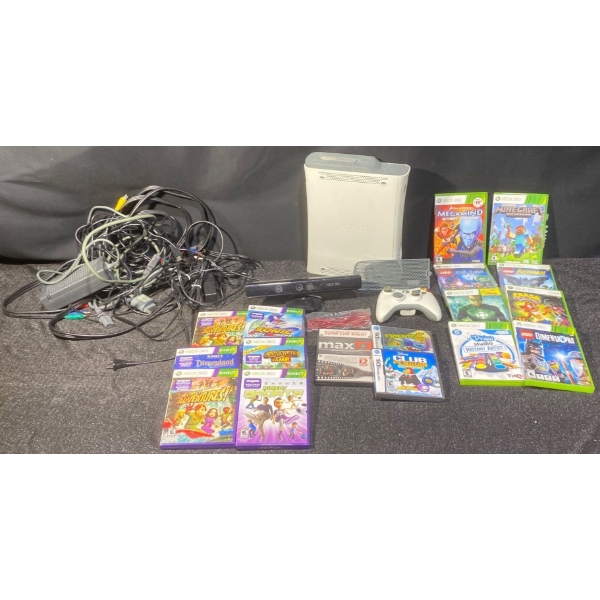 Xbox 360 Console with Games, Wireless Controller, Cables, and Kinect Motion Sensor