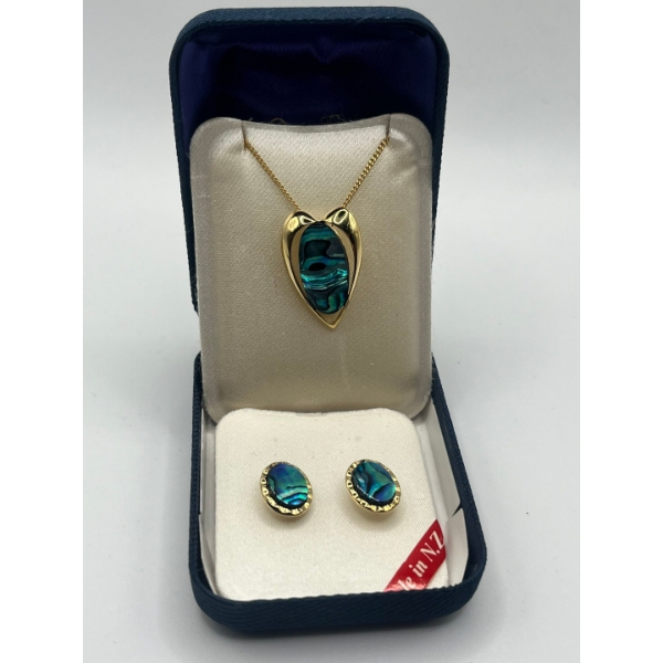ARIKI 24K Gold Plated Genuine New Zealand Paua Shell Necklace and Matching Earrings
