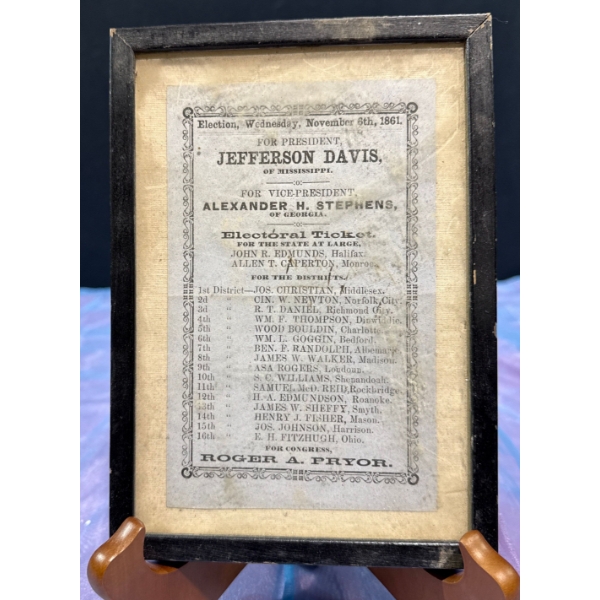  Election Ballot Dated November 6th, 1861 Headed by Jefferson Davis for President