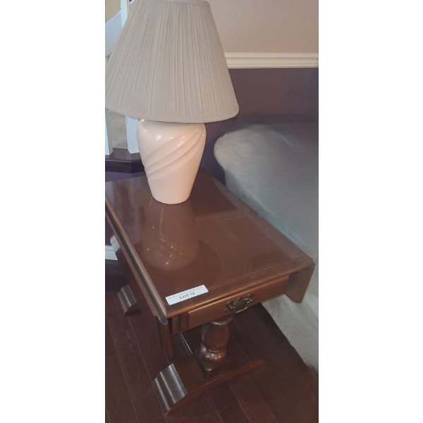 Folding Wood End Table w Drawer 35 w (sides open) x 18 h & Ceramic Lamp 26 h