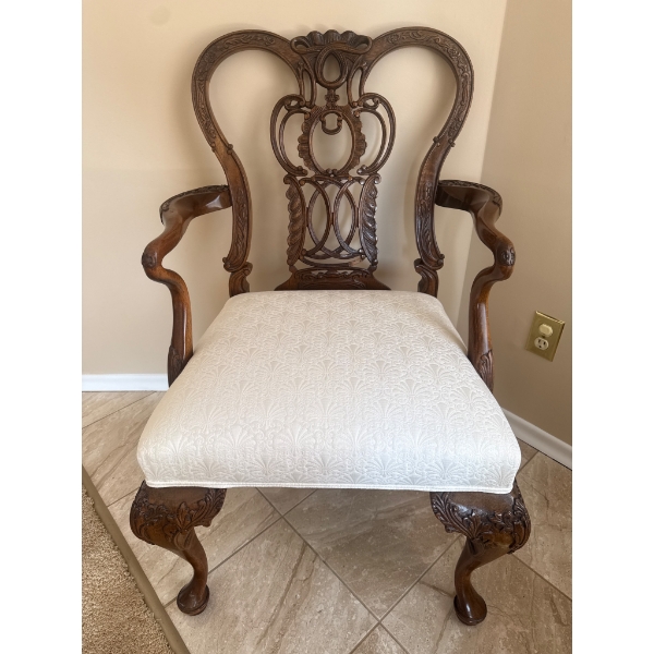Solid Wood Armchair With Carved Detailing and Upholstered Seat