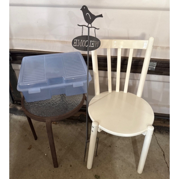 Pair of Outdoor Tables, White Chair and Welcome Yard Sign 