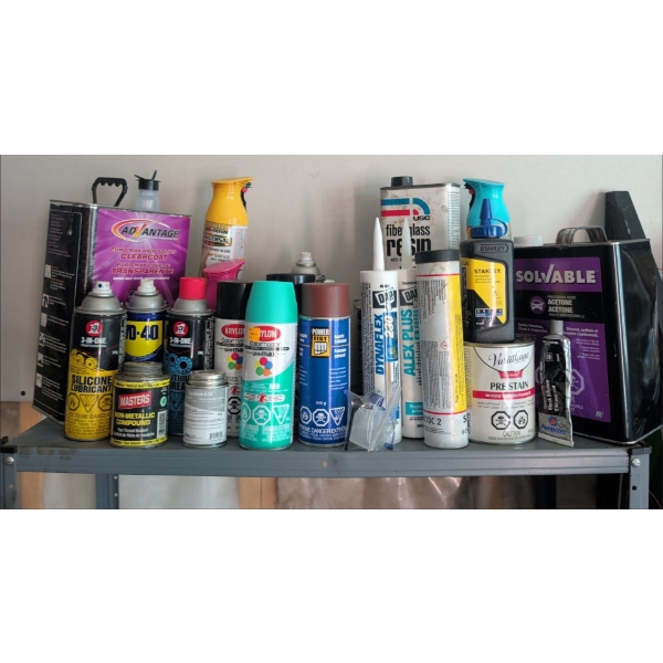 Shop Fluids Essentials - WD40 Spray Paints Acetone Chaulking Chain Lube Wood Stain & more