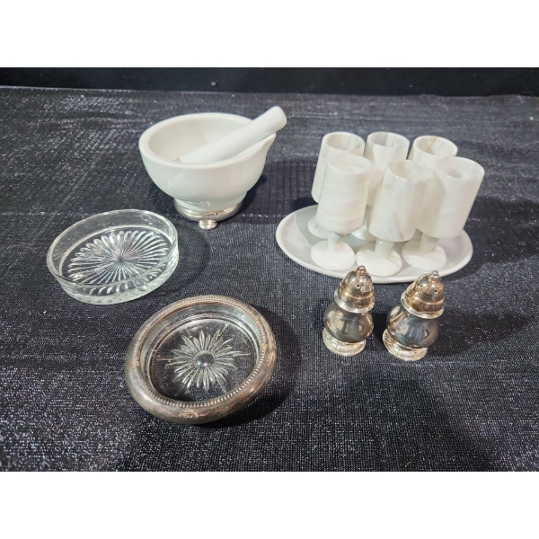 Onyx Marble Goblets and Dish, 1950's S&P Shakers, Starburst Coasters, Mortar and Pestle