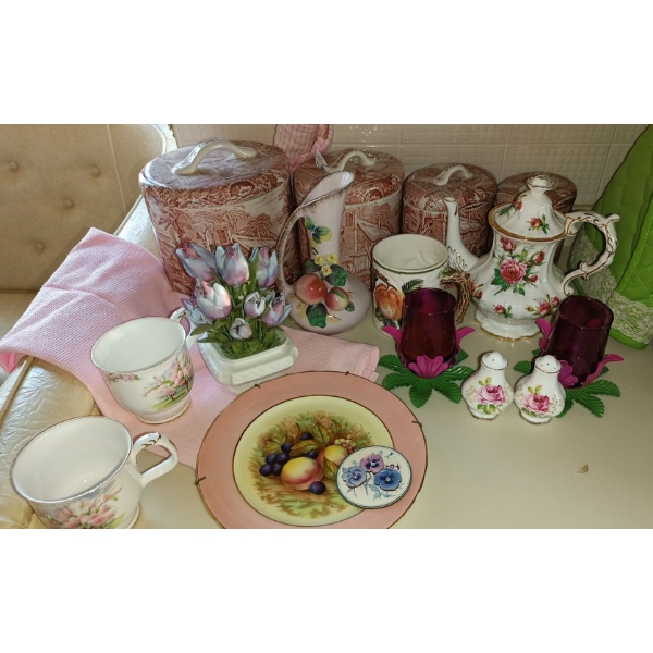 Vintage Pink Cannisters, Royal Albert Bone China "Blossom Time" Cups, Tea Pot & More Decor!