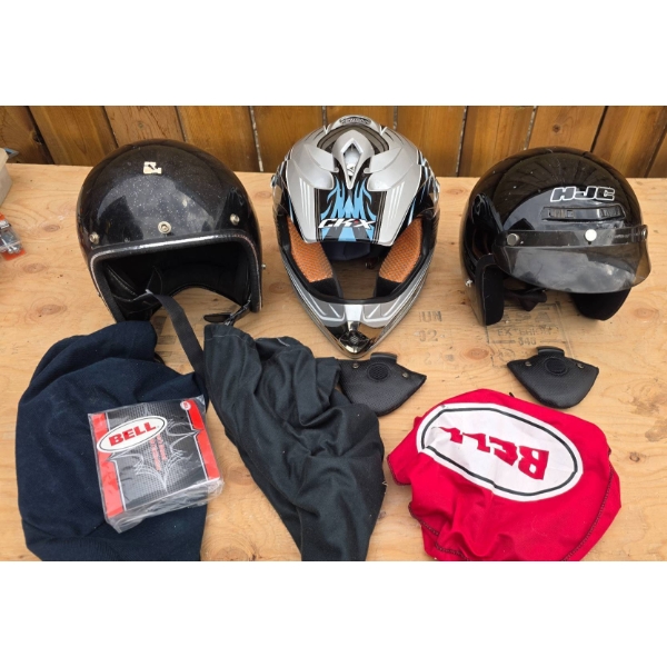 Three Motorcycle Helmets with Accessories