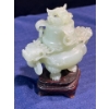 Image 2 : Intricately Craved Jade Incense Container on Wood Stands 3 inch H 