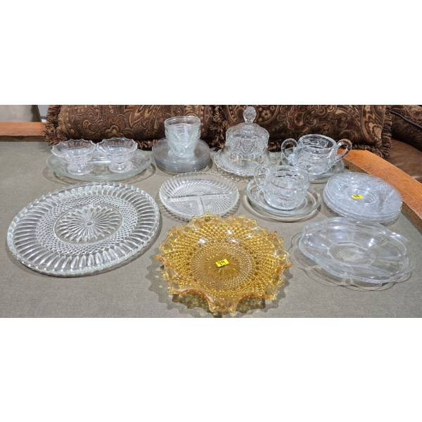 Crystalware + Amber Depression Glass Dish