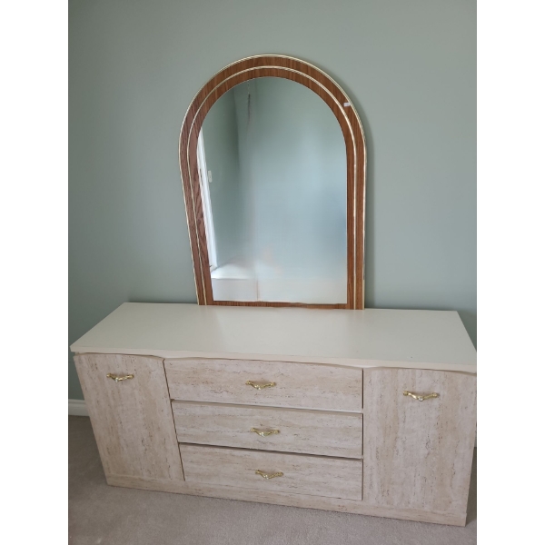 Vintage MDF Dresser w/ 3 Drawers, Side Cabinets 60 W, 16 D, 28.5 T and Attached Mirror 30 X 40