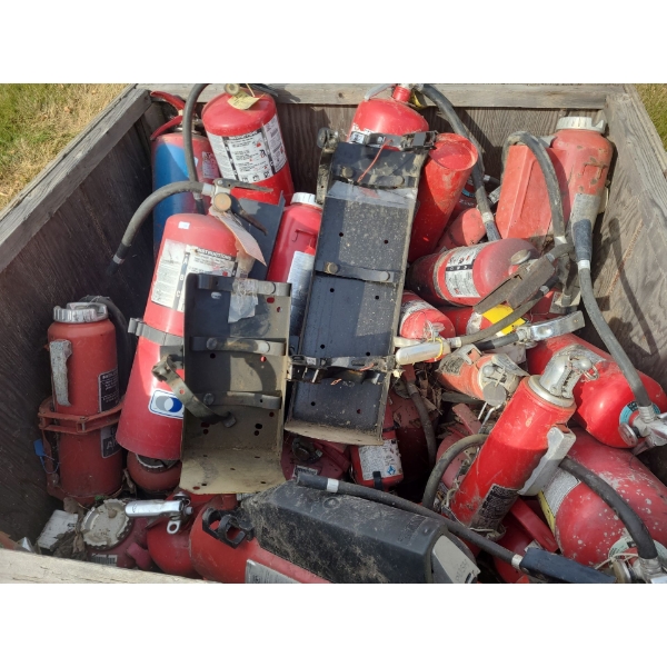 Wooden Bins 48/32/28 and 48 W, 48 D, 42 T w/ Fire Extinguishers Including Chieftan Vintage Model 