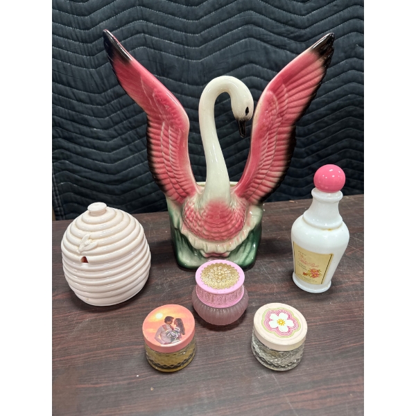 Vintage Swan Vase, Honey Container, Avon Bottle, and Perfume Jars