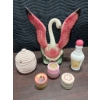 Image 1 : Vintage Swan Vase, Honey Container, Avon Bottle, and Perfume Jars