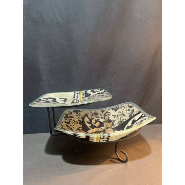 Peggy Karr Decorative Glass Dual Tier Serving Platter with Stand