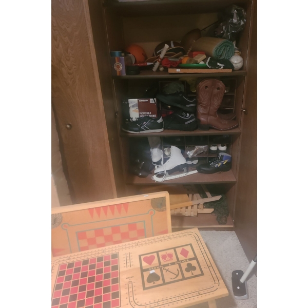 Multi-Game Table 16 W, 32 D, 18.5 T, Tabletop Multi-Game Board 27 X 27 and Contents of Cupboard 