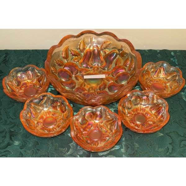 Apple & Pear Intaglio Master Bowl & 5 Berry Bowls Marigold Carnival Northwood Co.
