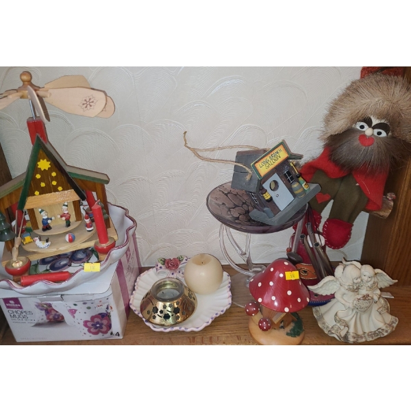 Wooden Holiday Decor 12 T, Glass Decor w/ Spotted Bowl 7 " Diameter, 8.5 T, Windchime and More!