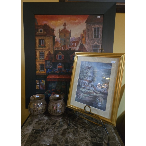 European Scenery Print (29x35), Cottage Print on Stand  Plus Glass Vases 