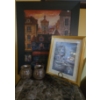 Image 1 : European Scenery Print (29x35), Cottage Print on Stand  Plus Glass Vases 