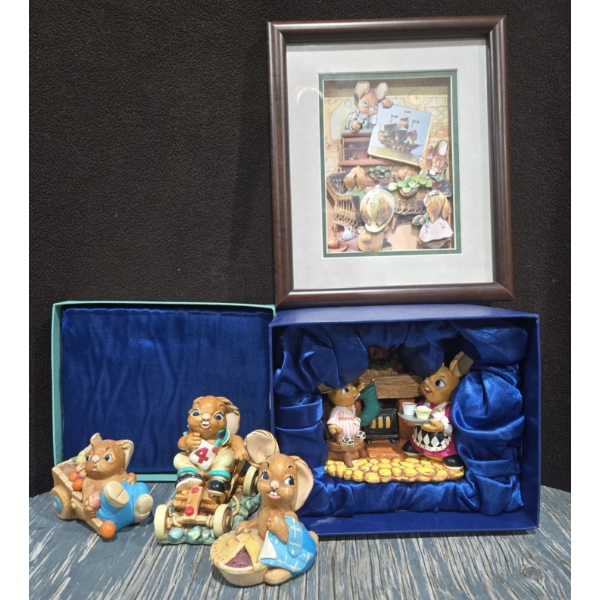 Pendelfin Stone Craft Collectibles 4 Different + 10"x12" Framed 3D Pendelfin Scene