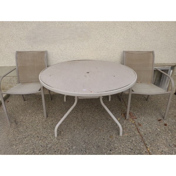 Patio Table w/ Wooden Top 47.5 W, 28 T and Two Chairs 23.5 W, 21.5 D, 33.5 T