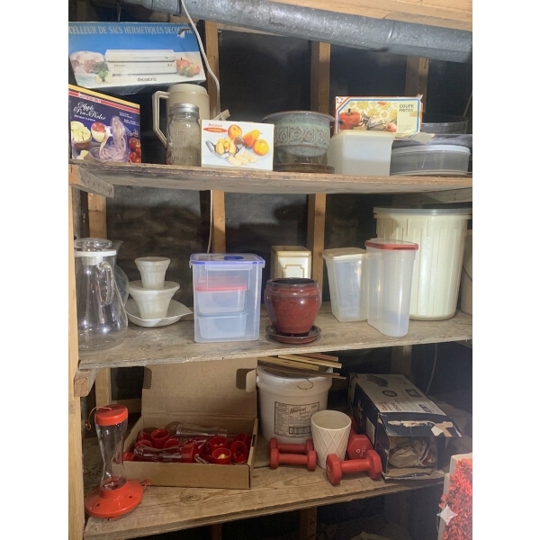 Varied Collection of Kitchen Appliances, Utensils, and Storage Items, Pots and bird feeders