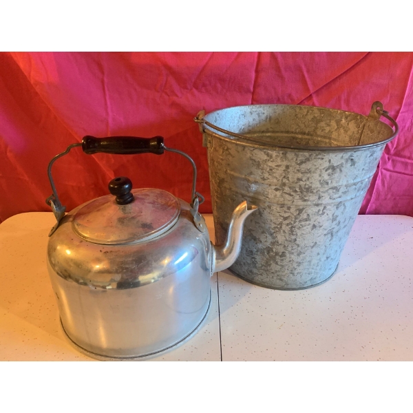 Vintage Galvanized Pail and Teapot