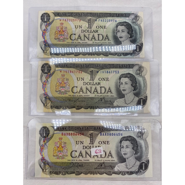 3 Canadian 1973 $1.00 Bills Prefix *FN *IV BAX